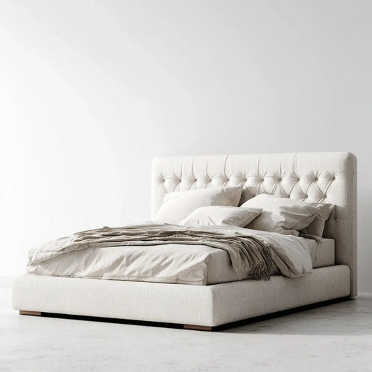 Polster-Doppelbett Creme 180 x 200 cm mit Polyesterbezug und Chesterfield-Kopfteil